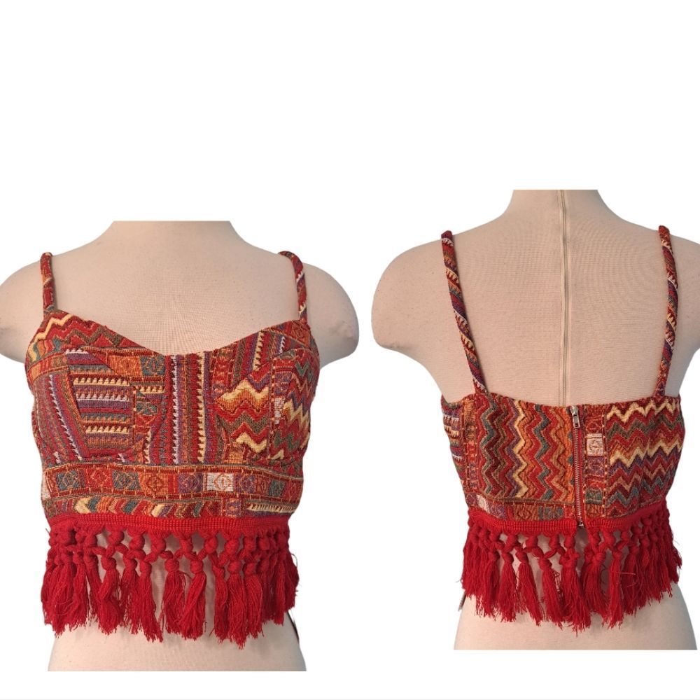 Cider Boho Geometric Tassel Corset Street Style Crop Top Large Red NWT